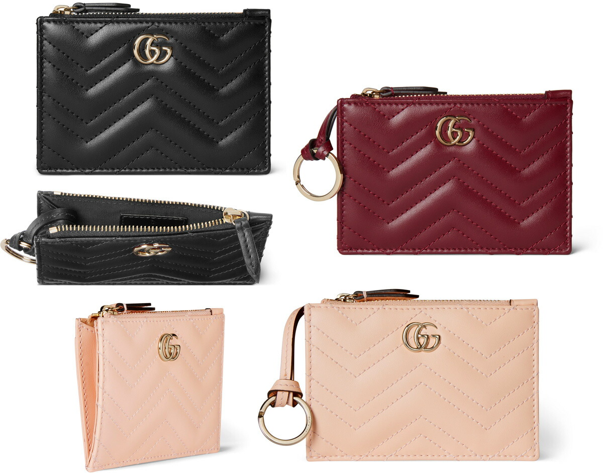 GUCCI グッチ レディース コインケース\u003cBR\u003e足懸かり輪っか付き添い人チャック御釣り入れシェブロンキルティングレザーダブルGロゴタイプ GGマーモント キーケースキーホルダー 黒いこと ぶどう酒赤いこと 点火装置サクラ色MARMONT10006823LPK6207WI