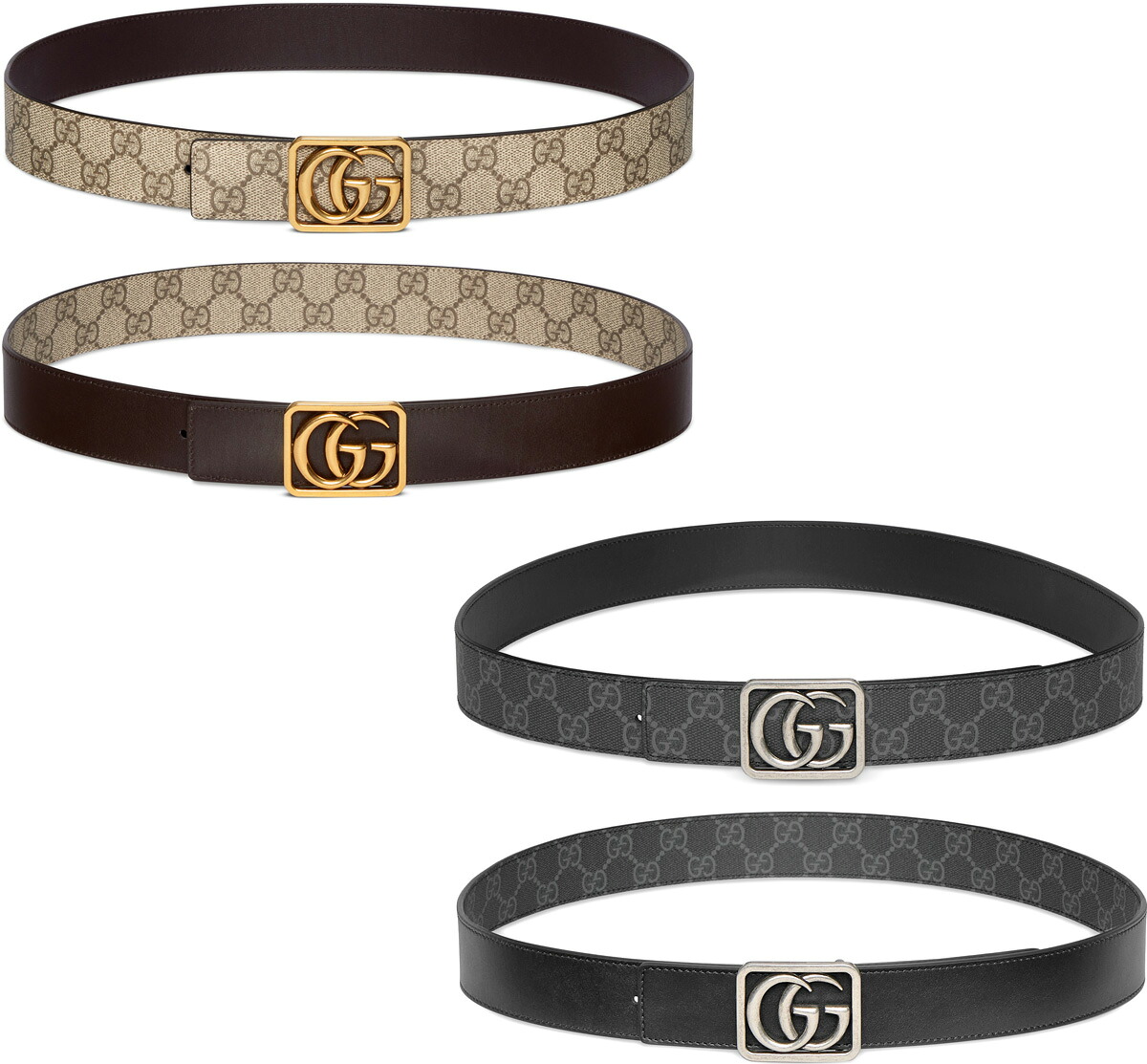 GUCCI グッチ メンズ リバーシブルレザーベルト\u003cBR\u003eイタリア製 ダブルGロゴタイプ スクエアフレームバックル\u003cBR\u003eベージュ＆靉靆たる赤銅色 ホンブルグ帽GGスプリームキャンバス × 赤銅色なめし革\u003cBR\u003eしろがね色 GGアイコン 靉靆たる薄墨色 黒いことなめし革\u003cBR\u003eSQUAREGGMARMONT1000BK
