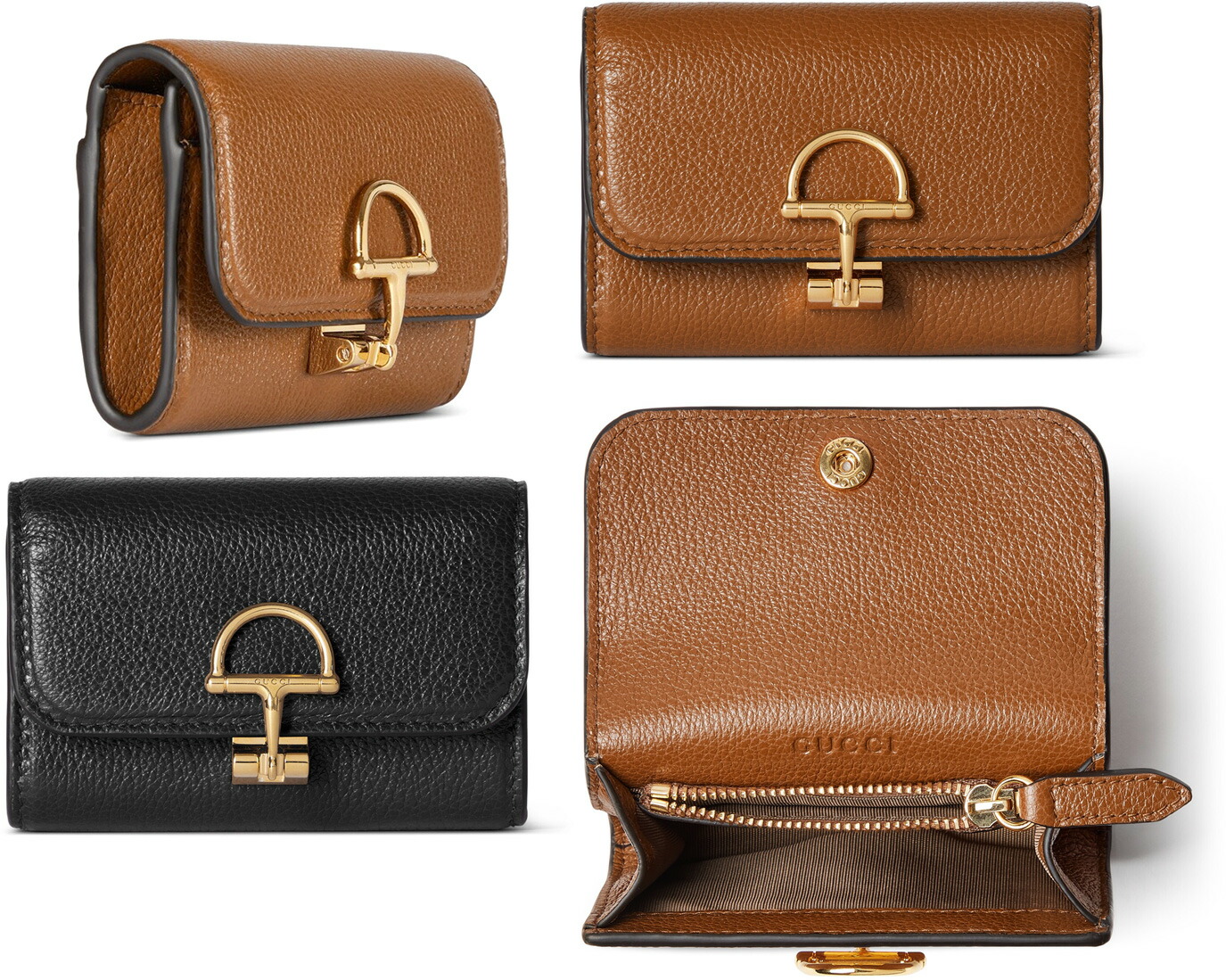 GUCCI グッチ メンズ レディース ファスナー小銭入れ付き名刺入れ フラップ付きカードケース コインケース 型押しカーフレザー ハーフ ホースビットホック ブラック ブラウングレインレザー タフタライニング SOFTBIT10002718BR
