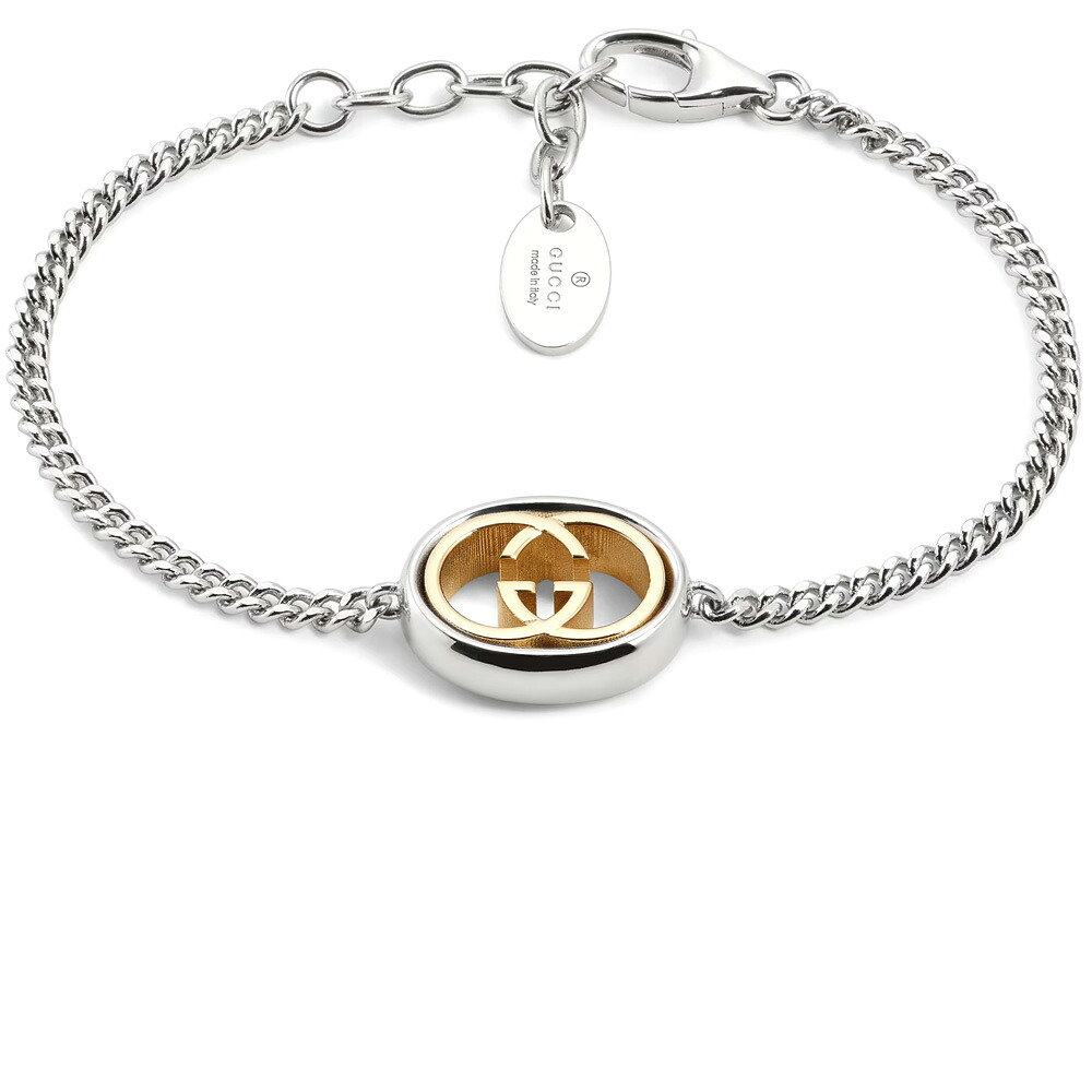 GUCCI グッチ ブレスレット メンズ レディースツートーンインターロッキングGカットアウトロゴフラットチェーンブレスレットクラスプクロージャー シルバー&times;ゴールド 男女兼用オーバルロゴプレートエンド INTERLOCKING BRACELET 8160SLGD｜kaminorth 60,379円