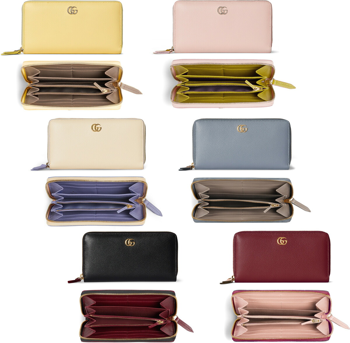 GUCCI グッチ レディース\u003cBR\u003e御釣り入れ付き添い人ラウンドチャック長札入れ\u003cBR\u003eダブルGロゴタイプ インサイドコントラストカラーレザー\u003cBR\u003e黒いこと 薄墨色 サクラ色 青色 黄色 パープル 象牙色 緑であること ぶどう酒赤いことGGMARMONTE ZIP AROUND WALLET