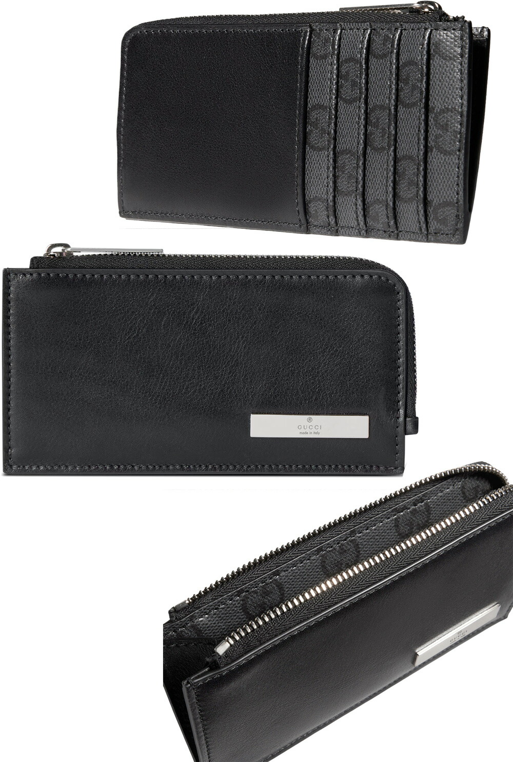 GUCCI グッチ メンズ\u003cBR\u003eチャック釣り銭入れ付き添い人歌留多容れもの\u003cBR\u003eコインケース付き添い人クレディットカード容れもの\u003cBR\u003eフラグメントケース 金入れ\u003cBR\u003e内部GGコーティングファブリック\u003cBR\u003eブラックソフトレザー \u003cBR\u003eロゴタイプ目じるしメタルバーロゴプレート METALTAG1000