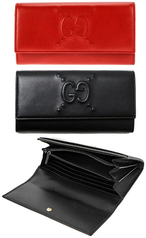 GUCCI グッチ 小銭入れ付き２つ折り長財布 エンボスダブルGロゴ アボロGGアイコン レッド ブラック 二つ折り長財布 レザーロングウォレット クロスブロックライン ORIGINAL APOLLO EMBOSS 10006433RE