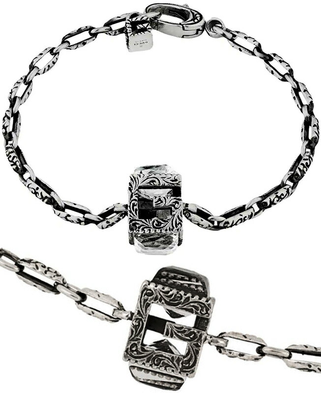 New限定品 Gucci グッチ メンズスクエアgキューブブレスレットエイジング フィニッシュスターリングシルバーアラベスクパターンファセットカットクリスタルストーンクリア シンセティックストーン クラスプクロージャーチェーブレス 8113asl 1519 人気満点 Sigper