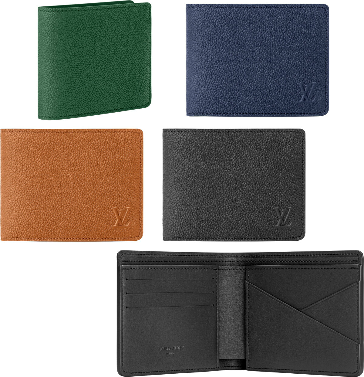 LOUIS VUITTON ルイヴィトン\u003cBR\u003e二つ折り金入れ クレジットカードケースエンボス立体LVロゴタイプ グレインレザーエンボスロゴ 黒いこと  米国海軍 タン赤銅色 ダークグリーンポルトフォイユミュルティプル 金入れ  ルイビトン カードウォレット AEROM25946BRM25947GN