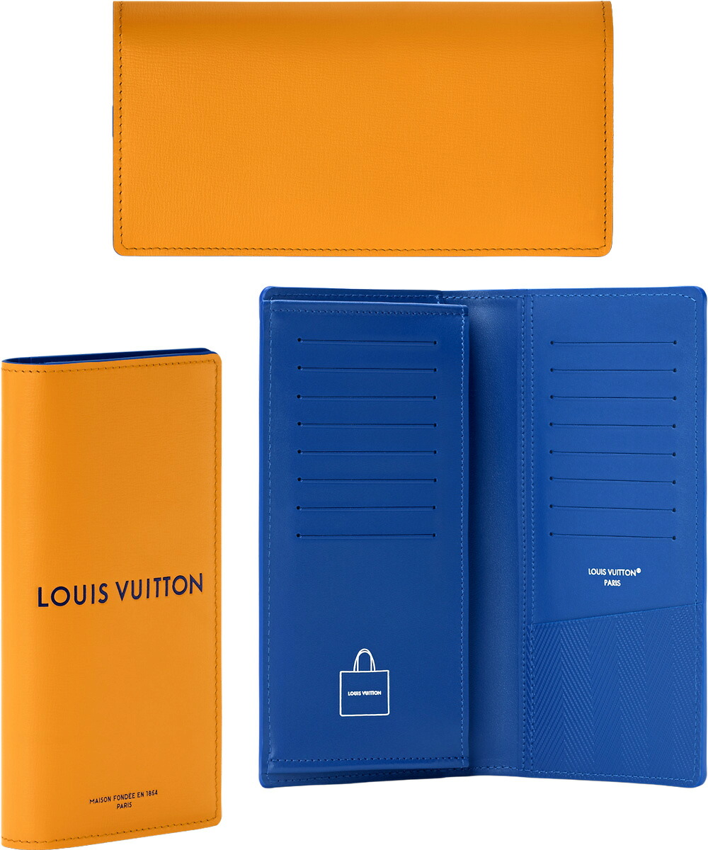 LOUIS VUITTON ルイヴィトンメンズ ファスナー小銭入れ付き二つ折り長財布オレンジサフランカラー カウハイドレザーウォレット インサイドブルー メゾンショッピングバッグエンボスロゴ ポルトフォイユブラザルイビトン ロングウォレット｜kaminorth