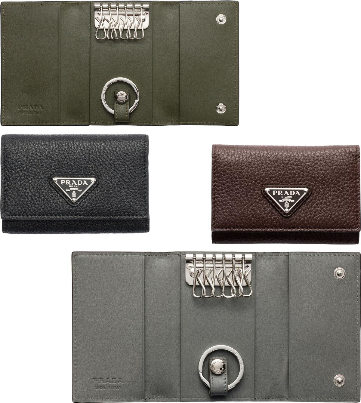 PRADA プラダ メンズ 三角ロゴプレート キーリング付き6連キーケース パスケースポケット カードケース ブラック ダークブラウン カーフレザー エナメルメタルトライアングルロゴ ツートン 定期入れ付き 型押し牛革 キーホルダー F0DGM