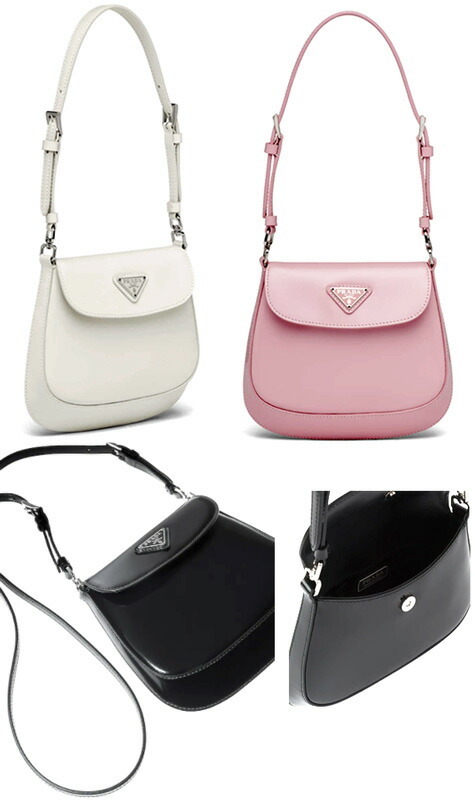 PRADA プラダ フラップ付きショルダーバッグ ブラックブラッシュドレザー ホワイト ピンク クロスボディバッグ エナメルトライアングルロゴ ハンドバッグ クレオバッグ 曲線サイド＆ボトムライン 調整可能レザーハンドル F0E18PKF0009WHF0002V HOM