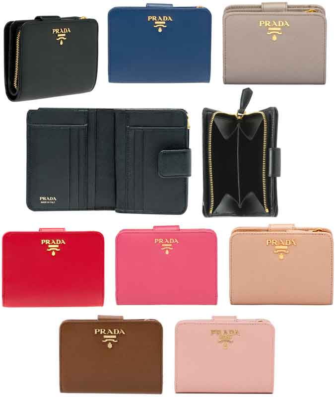 プラダ PRADA 小銭入れ付き二つ折長財布 ミラノメタルロゴ ベルトホック サフィアノカーフレザー ブラック レッド ダークブルー ライトピンク レッド ピンクベージュ ライトグレー ブラウン F0002F0016DBLF068ZRE F0505PKF0236PKBEF0572LGY046BR924LPK