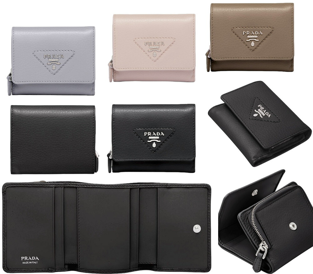 PRADA カーフレザー 三つ折り財布 三角ロゴ グレー 2024春大特価セール！ プラダ 【美品】PRADA 三つ折り財布 黒
