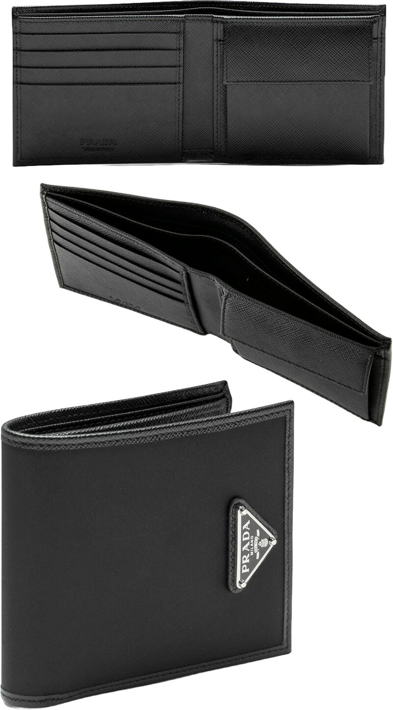 ✨美品✨ プラダ レザー メンズ ブラック 三つ折り財布 三角ロゴ メタルロゴ プラダ 三つ折り財布 三角ロゴプレート サフィアーノ レザー