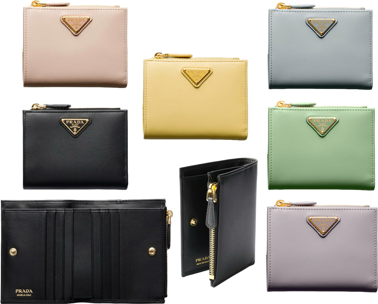 PRADA プラダ レディース ファスナー小銭入れ付き二つ折り財布 エナメルメタルトライアングルロゴプレート ブラック バニラ ライトピンク トレザー ラベンダー グリーン ライトグレー三角ロゴ 2折り財布 シティカーフタブ コンパクトウォレット ミニ財布