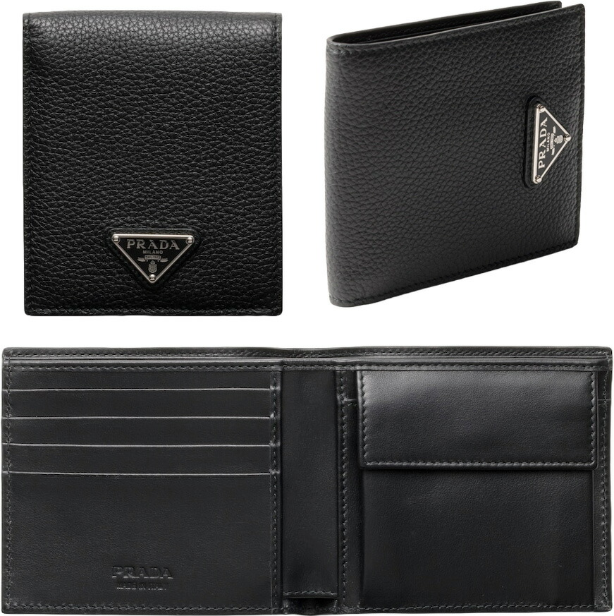 【美品】 プラダ ロゴ 型押し コンパクト 小銭入れ レザー ブラック 楽天市場】プラダ PRADA メンズ小銭入れ付き二つ折り財布ホット