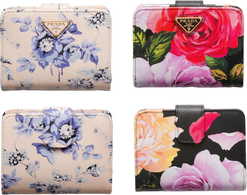PRADA 花柄プリント サフィアーノレザー ロングウォレット PRADA/プラダ】 花柄 長財布/サフィアーノプリント 黒×ピンク