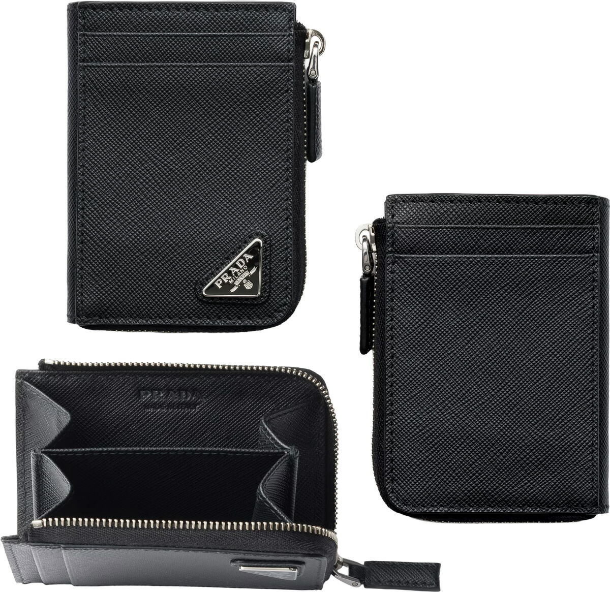PRADA プラダ メンズ レディース\u003cBR\u003e歌留多容れもの付き添い人L字チャック釣り銭入れフラグメントケース 今めかしいコインケース 金入れ\u003cBR\u003e三角ロゴタイプ一皿 ブラックサフィアーノレザー\u003cBR\u003eSAFFIANO TRIANGOLO F0002 サフィアノクレジットカードケース