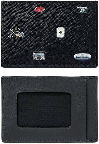 Paul Smith ポールスミス メンズ レディース カードケース ブラック マルチミニチュアフォトグラフィックプリント パスケース 定期入れ 牛革イラスト ラジカセ トランプ カメラ 自転車 唇 カフリンクプリント モダンサフィアーノエンボスレザー