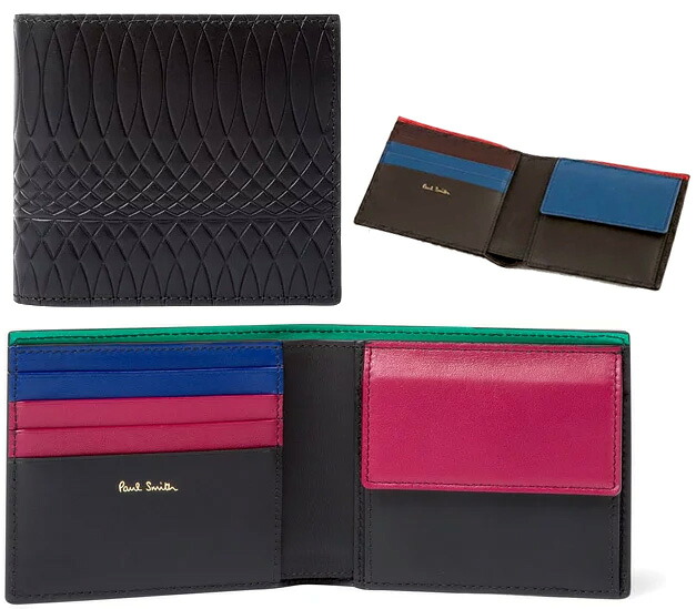 Paul Smith ポールスミス メンズ小銭入れ付き二つ折財布 エンボスパターン 幾何学 ブラック コンビネーションカラー ダークブラウン×ブルー２つ折り財布 ゴールドシグネチャー イタリアンカーフレザー グリーン パープル×ブルーレザートリム