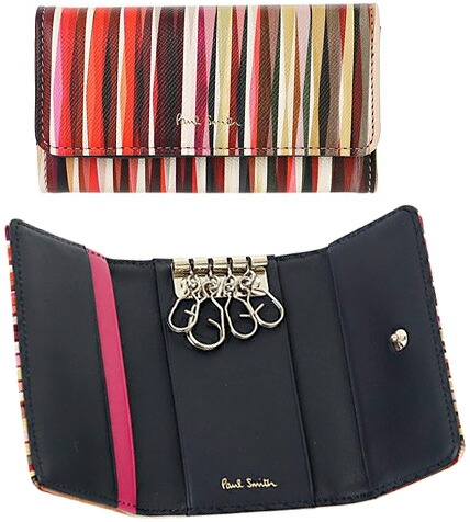 Paul Smith ポールスミス レディース 4連キーケース ピンク系クロスオーバーマルチカラー ツイストストライプ ネイビー ツイストプリズム型押しエンボスレザー CROSS OVER STRIPE KEYCASE