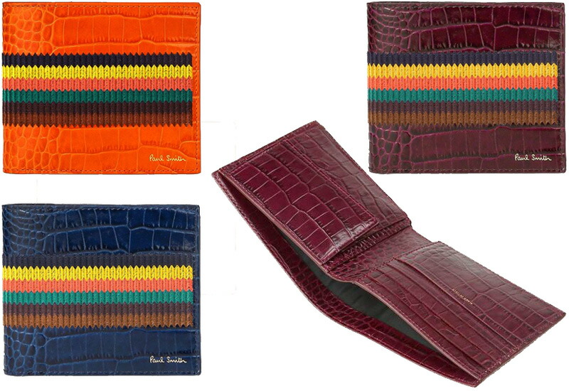 Paul Smith ポールスミス メンズ クロコ型押しレザー 箔押しロゴ エンブロイダードブライトストライプ刺繍 小銭入れ付き２つ折り財布 ブラウンワイン ネイビー オレンジレッド サイフ 天然皮革二つ折財布 濃淡ツートーントラッド