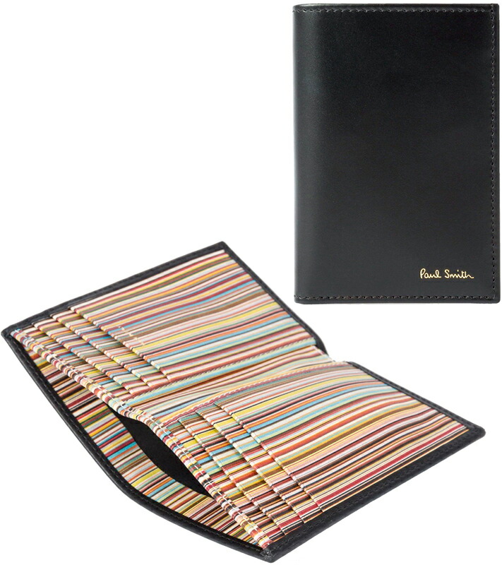 Paul Smith 極点スミス\u003cBR\u003e二つ折り歌留多入れもの\u003cBR\u003eメンズ イタリア製ミニ札入れ \u003cBR\u003e２つ折クレディットカード\u003cBR\u003eエン元締め処理マルチ色合い縞模様\u003cBR\u003e 箔押しロゴタイプ ブラックカーフレザー\u003cBR\u003eEMBOSS MULTICOLORSTRIPE PRINT MEN CARDCASE 990BK78BK メンズ財布-財布・ケース-バッグ・小物・ブランド雑貨