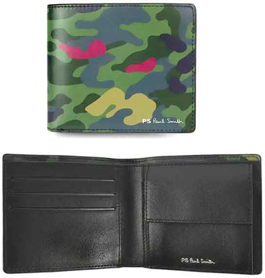 Paul Smith ポールスミス メンズ小銭入れ付き二つ折り財布 ホワイトPSロゴ ２つ折り財布 カーキ×グリーンカモフラージュ 迷彩柄グリーンカーキ×ブラック カーフレザー ２つ折り財布 サイフ さいふ ウォレット ピーエス CAMOUFLAGEWALLET
