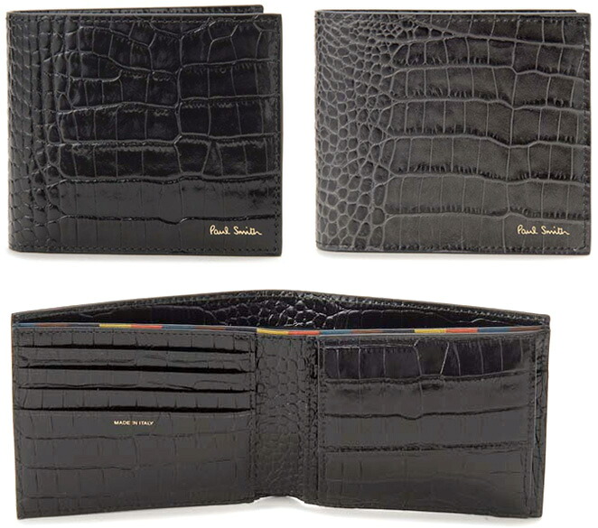 Paul Smith ポールスミス 箔押しロゴメンズ小銭入れ付き二つ折り財布クロコ型押しレザーウォレットブラック チャコールグレー ブラウングラデーション2つ折財布 入れ ビルフォールドカードケースサイフ さいふEMBOSSCROCODILE79BK70DGY｜kaminorth