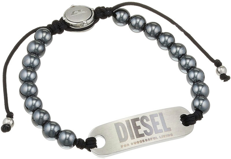 DIESEL ディーゼル メタルブレスレットガンメタグレーアゲートメタルビーズブレスレットシルバーグレイビングロゴプレートアクセサリー 男女兼用 メンズ レディースステンレス鋼 Dロゴボタン 半貴石ステンレススチール STAINLESS STEEL BRACELET|kaminorth