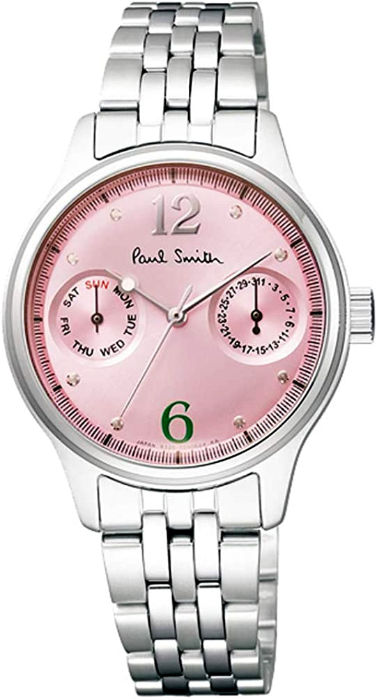 Paul Smith 極点スミス ウォッチ\u003cBR\u003eレディースアナログウォッチ\u003cBR\u003e しろがね色×点火装置サクラ色文字記号盤メタルバンドブレスレット\u003cBR\u003e曜日＆暦見せびらかすデイデイトラウンドファイス 91SLPK