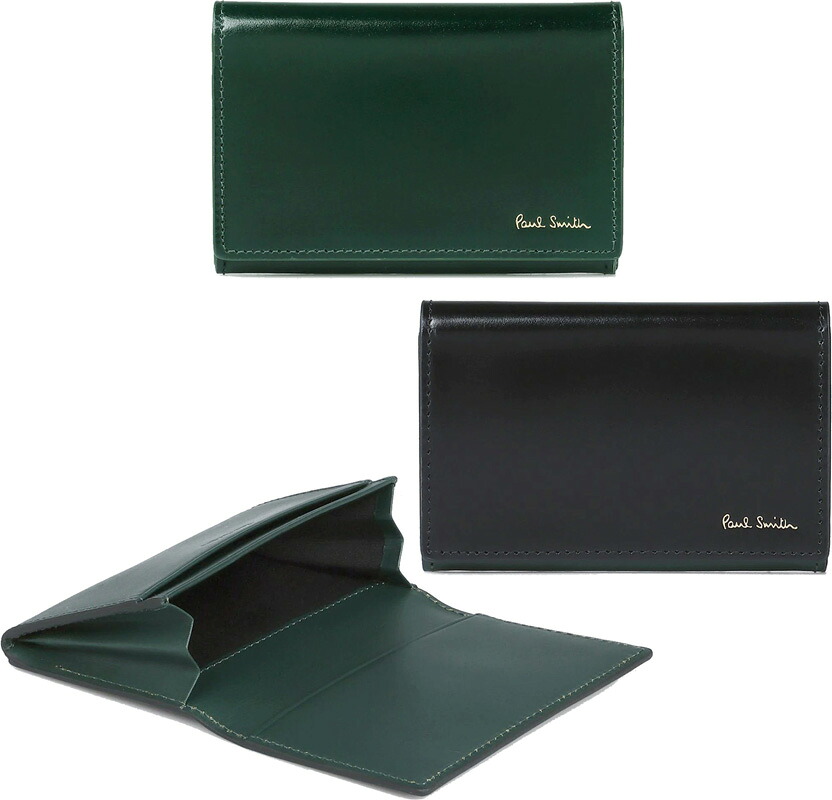 Paul Smith  極点スミス\u003cBR\u003e二つ折り名刺入れ 箔押しロゴタイプ\u003cBR\u003eコードバンなめし革\u003cBR\u003e光輝艶なめし革 色合いぬい目境界線\u003cBR\u003e黒いこと まっ黒い緑であること ブドウ酒赤いこと\u003cBR\u003eラグジュアリー名刺入れ下げ翼付き添い人歌留多入れもの\u003cBR\u003e馬御居処滅多にない革 990490DGN