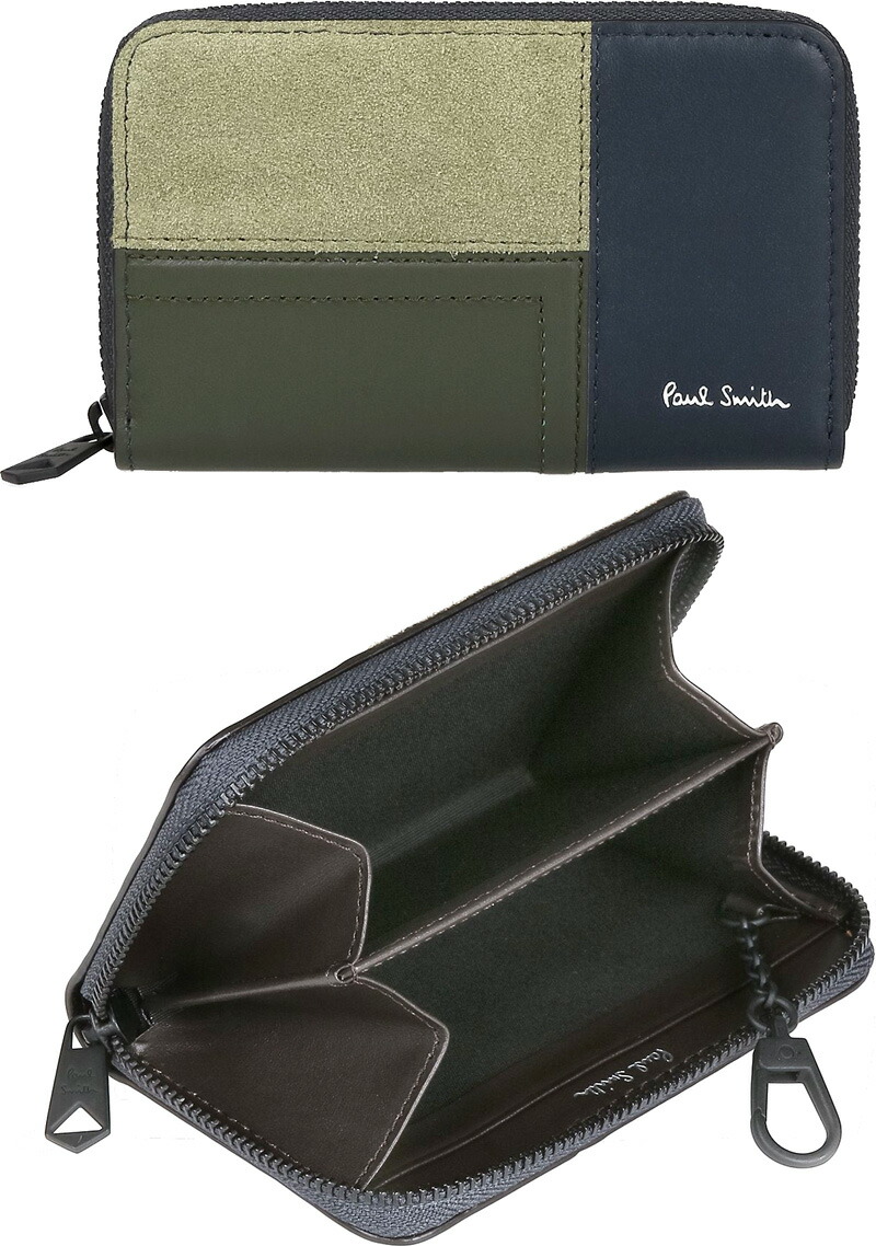 Paul Smith 極点スミス メンズ\u003cBR\u003e足懸かりチェーン店付き添い人ラウンドチャック御釣り入れ札入れ\u003cBR\u003e色合いブロックパッチワーク\u003cBR\u003e箔押しロゴタイプ ネイビースムースレザー\u003cBR\u003eカーキ×オリーブ緑であること床スウェード\u003cBR\u003eチェックパターンカードケース付き添い人コインケース