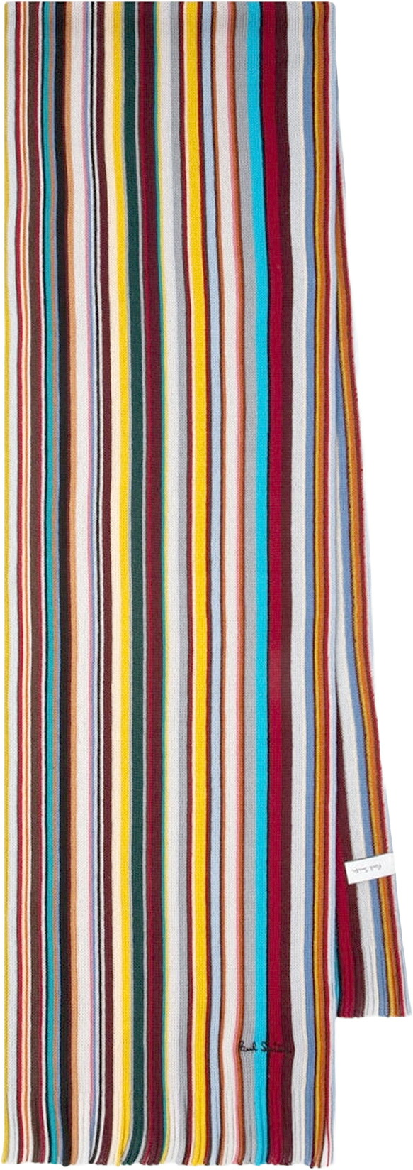 Paul Smith ポールスミス メンズ レディースラッセル編みシグネチャーストライプマフラーロゴ刺繍おしゃれラッセルマフラービビットカラーストライプ スカーフストールマルチカラーストライプ 男女兼用 MUFFLER SCARF STOLE｜kaminorth