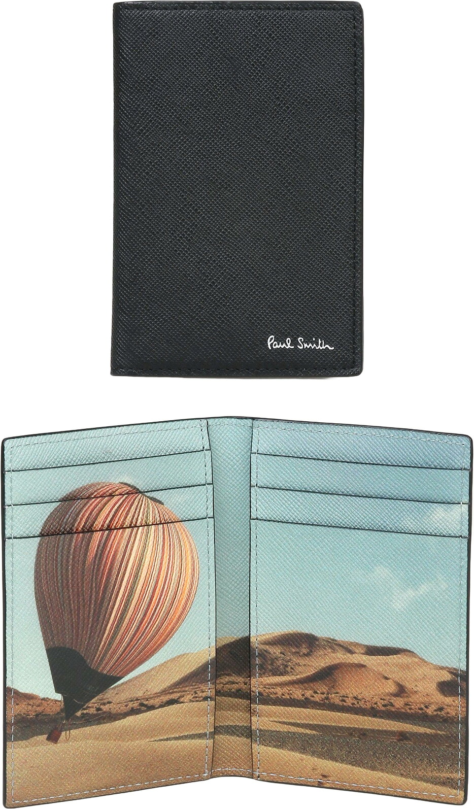 Paul Smith ポールスミス メンズ 二つ折りクレジットカードケース マルチカラー気球 モハーベ砂漠 箔押しロゴ ブラック 風景 フラップ付きカードケース 財布 アメリカ ネバダ州 シグネチャーストライプ サフィアーノレザー ライトブルー×キャメル 型押し牛革