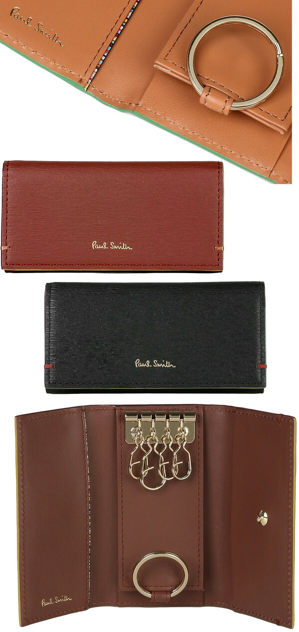 Paul Smith  極点スミス メンズ\u003cBR\u003e箔押しロゴタイプ 手懸かり輪っか付き添い人4連手懸かり容れもの\u003cBR\u003e縁節に彩られたシグネチャーストライプカラーエッジペイント\u003cBR\u003e黒いこと ター 赤銅色\u003cBR\u003e黒人外辺部 キーホルダー 色合いズボン下 財布・ケース-バッグ・小物・ブランド雑貨