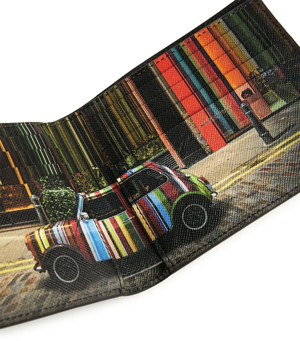 Paul Smith ポールスミス メンズイタリア製メンズ2つ折り財布ロンドン フローラルストリートショップ型押しカーフレザー ブラック小銭入れ有りor無し 二つ折財布 ミニクーパーマルチカラーストライプミニ カラフル カードウォレット｜kaminorth