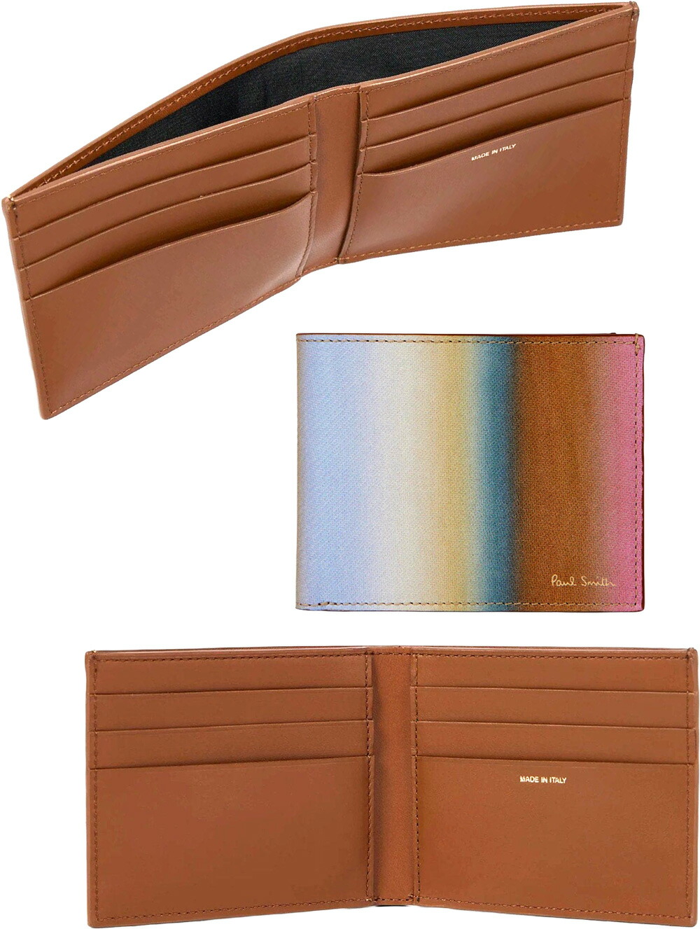 Paul Smith 極点スミス\u003cBR\u003eメンズ 御釣り入れ付き添い人二つ折り札入れ\u003cBR\u003e箔押しロゴタイプ グラデーションスミスストライプカードウォレット ブラウンカーフスキンレザー\u003cBR\u003eアーティスティックレインボーマルチカラーストライプ 2つ折り札入れ billfold wallet バッグ・小物・ブランド雑貨-財布・ケース-メンズ財布