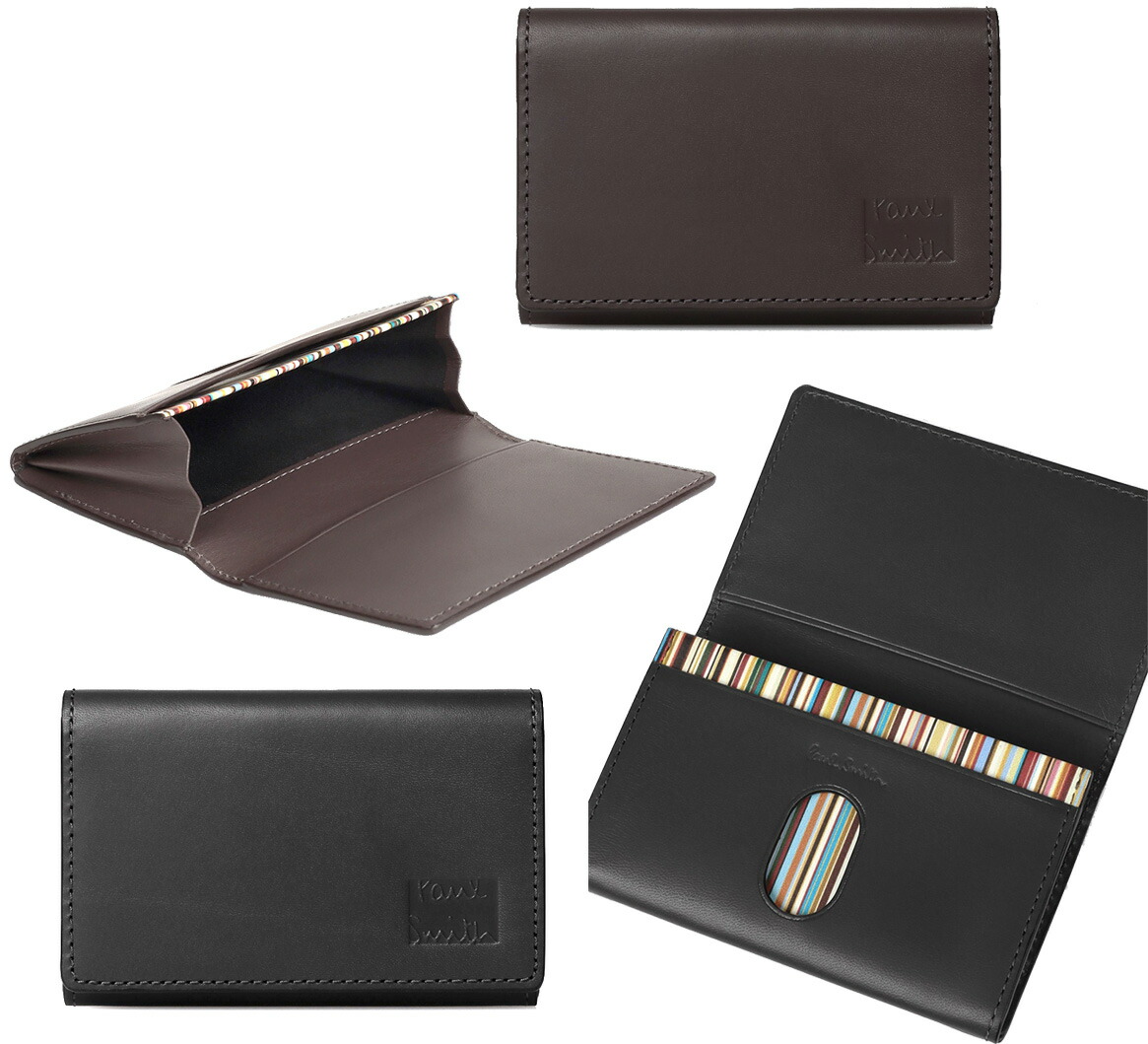 Paul Smith ポールスミス<br>メンズ フラップ付き名刺入れ 二つ折りカードケース<br>定期入れ マルチカラーストライプ<br>ブラック ダークグレー バケッタレザークロップドロゴ パスケース ベジタンストライプ牛革  ロゴ刻印ビット くり抜きスリット