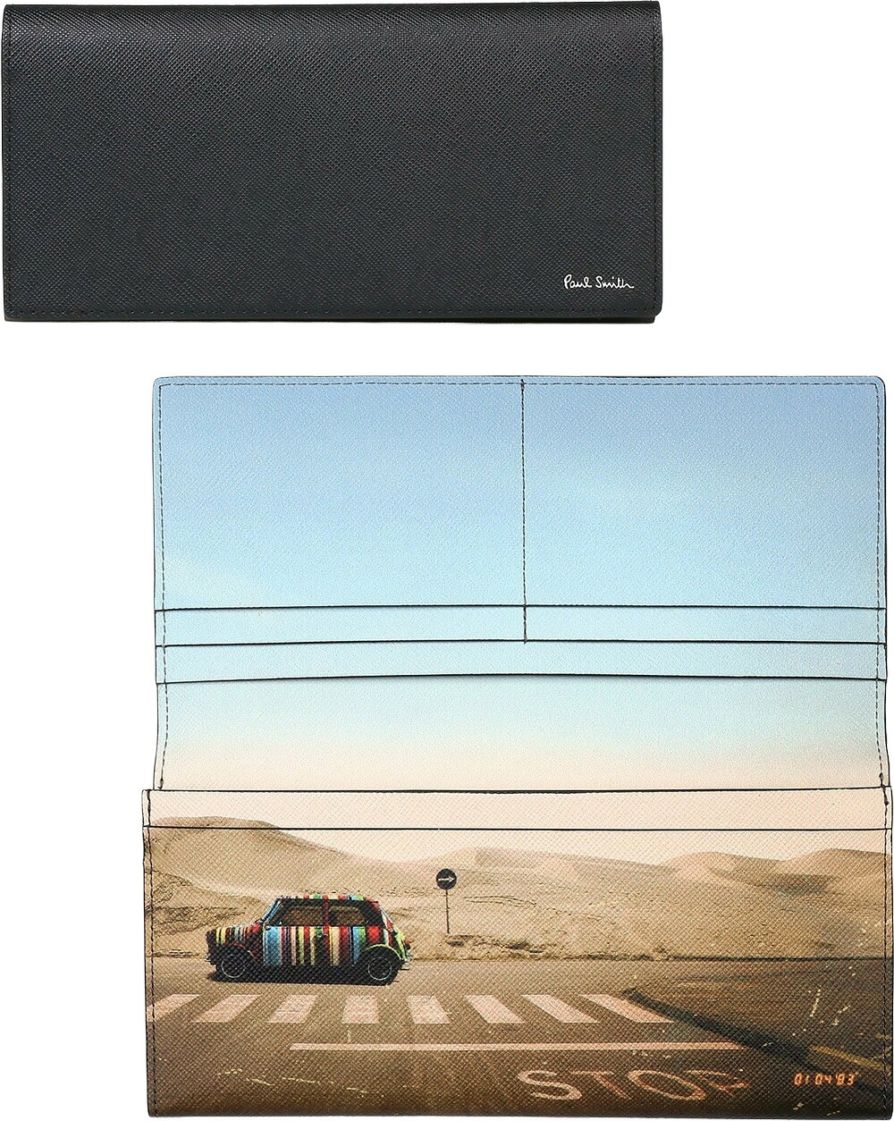 Paul Smith ポールスミス メンズ メンズ 小銭入れ付き二つ折り長財布 マルチカラーミニクーパー 砂漠 箔押しロゴ デザートミニ ブラックサフィアノレザー 横断歩道 2つ折ウォレット デューンズ モノグラム DESERT MINI BILLFOLD AND COIN WALLET79BK