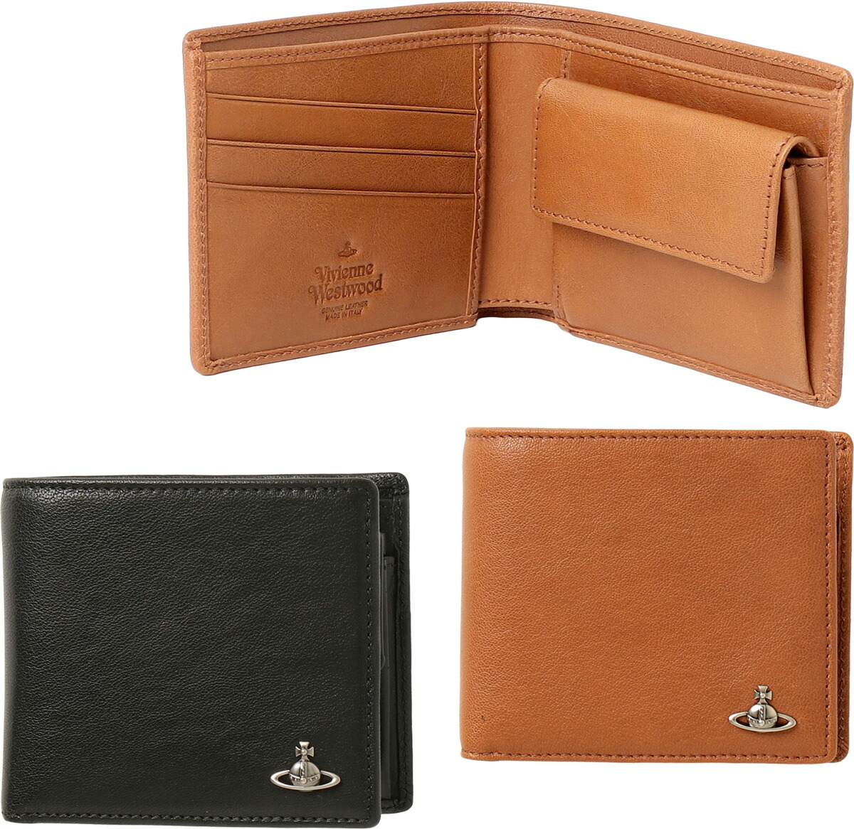 Vivienne Westwood  ヴィヴィアンウエストウッド\u003cBR\u003eメンズ レディース イタリア製 御釣り入れ付き添い人二つ折り紙入れオーヴロゴプレート\u003cBR\u003e黒いこと 赤銅色 オーブロゴ メンズ レディース\u003cBR\u003e牛皮 ２つ折りさいふ COIN WALLET