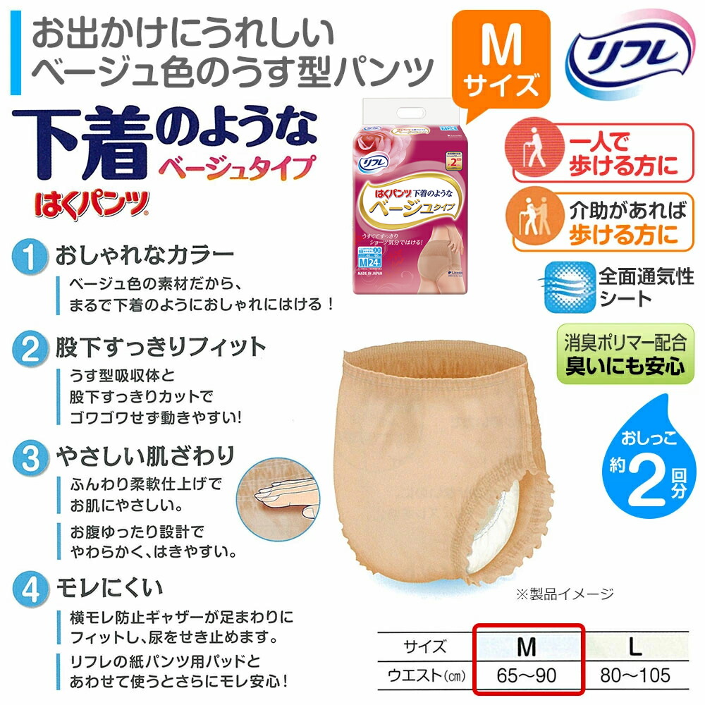 【楽天市場】送料無料 リフレ はくパンツ 下着のようなベージュタイプ Mサイズ 24枚×4袋 業務用（施設・病院用） ケース販売 介護用