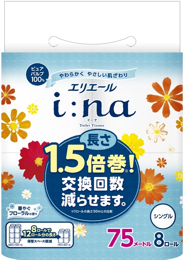 大王製紙　エリエール　イーナ　トイレット1.5倍巻き　8ロール　シングル　12パック入り　まとめ買い　送料無料