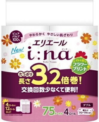 大王製紙　エリエール　イーナ　トイレット3.2倍巻き　4ロール　ダブル　プリント　16パック入り　まとめ買い　送料無料