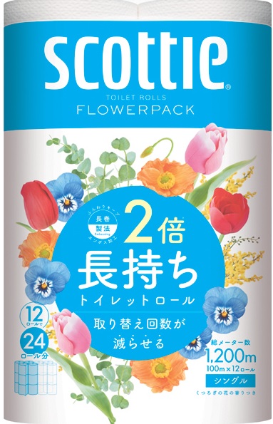日本製紙クレシア　スコッティ　トイレットペーパー　フラワーパック　2倍巻き　12ロール（100ｍシングル）　4パック入り　送料無料