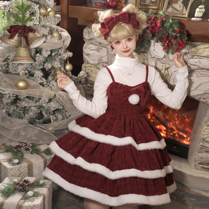 ロリータ ジャンパースカート クリスマス サンタクロース レディース 衣装 日常 コスプレ 新作 秋 冬 ワンピース ドレス かわいい ロリィタ ノースリーブ Lol 上品 ツイード リボン