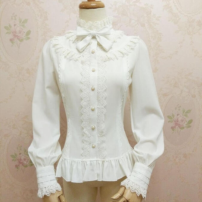 ゴスロリ レディース ブラウス トップス レース Lolita 春 秋 立て襟 長袖 シャツ ロリータ ロリィタ クリスマス コスプレ ハロウィン 衣装 ビショップスリーブ フリル フォーマル スリム