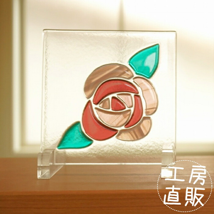 フュージング ガラスパネル バラ スモークピンク 〔12cm×12cm〕