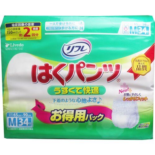 リフレ 介護用オムツ 大人用 はくパンツ うすくて快適 お徳用 男女兼用 Mサイズ 2回吸収 34枚&times;3セット｜kanaemina