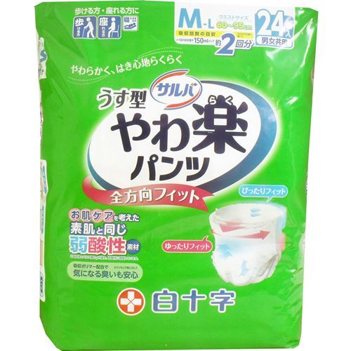 サルバ 大人用紙パンツ やわ楽 薄型 M-Lサイズ 男女共用 24枚×4セット|kanaemina