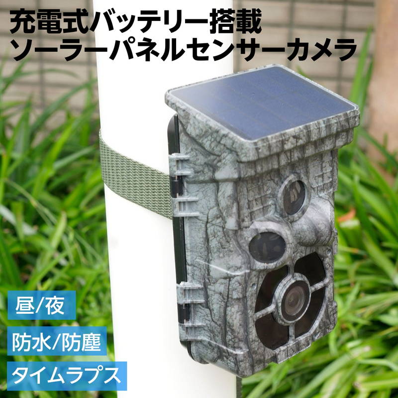 トレイルカメラ 防犯センサーカメラ 配線不要 防水 充電 ソーラー電池式 タイムラプス 監視 定点撮影|kanaemina