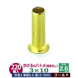 かけるの ハトメ 3X10 3mm【ゴールド】 220コ入１袋 外径 3mm 高 10mm 内径 2.6mm 傘径 6.0mm キリンス処理 真鍮 座金なし 足 長 10mm 極小 ハトメ 電気ハトメ 鳩目 穴の補強 電気基盤 パーツ 模型 プラモデル ミニチュア ドール 部品 腐食に強い