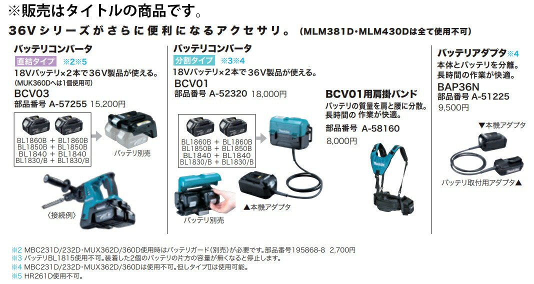 【楽天市場】(マキタ) バッテリコンバータ BCV03 直結タイプ A-57255 本体のみ 18Vバッテリx2本で36V製品が使える 18V